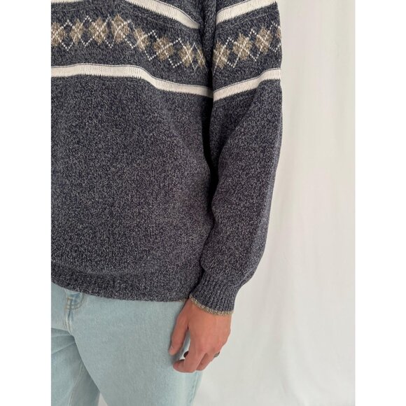 90s vintage mens blue grey grandpa argyle print casual long sleeved knit sweater - Picture 8 of 10
